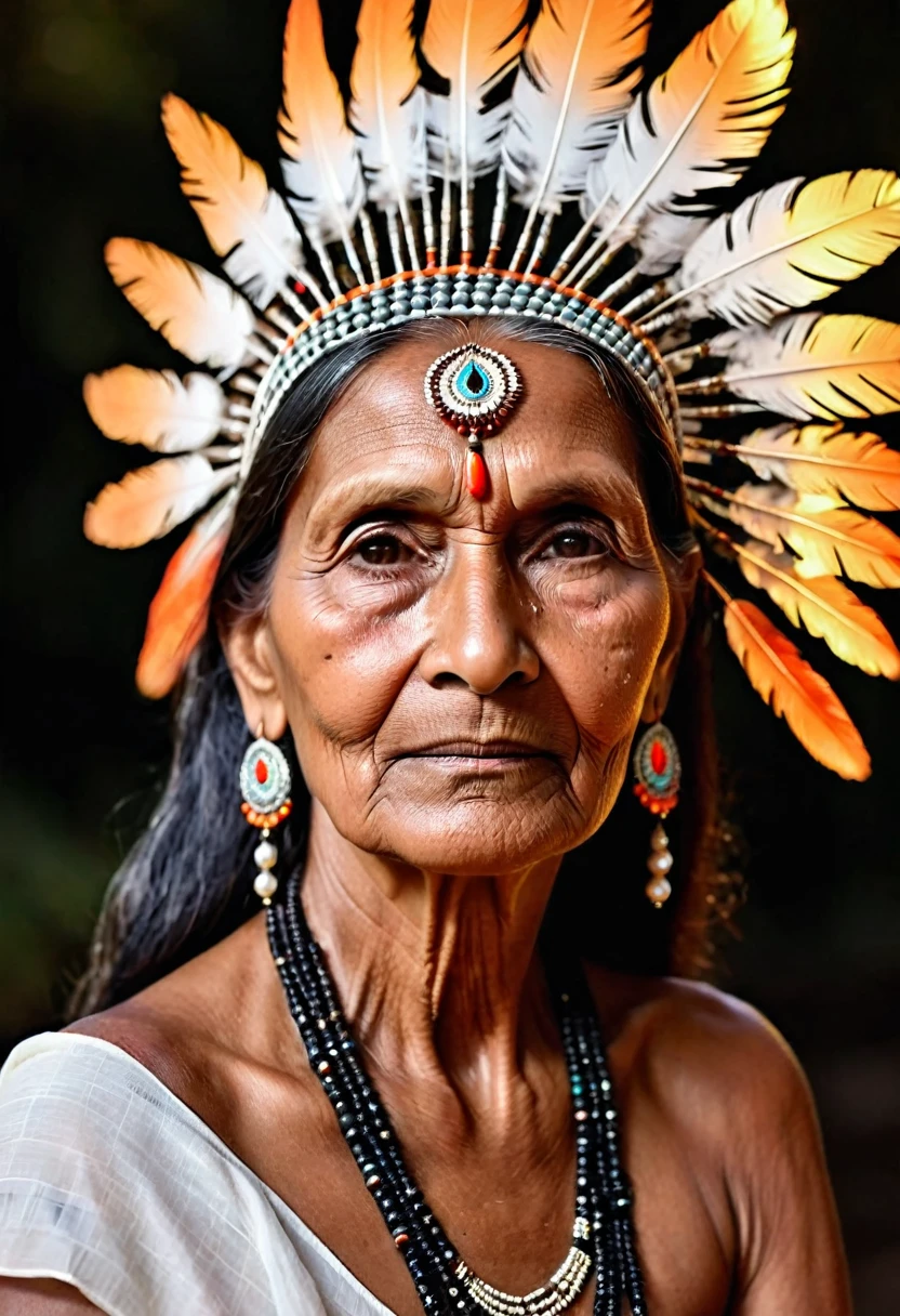 Beautiful 75 year old Indian woman, Old India, Cherokee with beautiful terracotta-colored headdresses, blackw, doradas, cobre, Pearl, white and beige, feathers made of bright neon of various colors, flares on camera, bokeh, full moon night