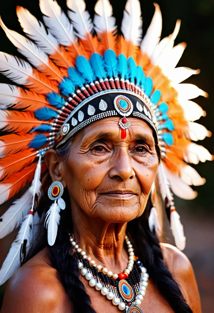 Beautiful 75 year old Indian woman, Old India, Cherokee with beautiful terracotta-colored headdresses, blackw, doradas, cobre, Pearl, white and beige, feathers made of bright neon of various colors, flares on camera, bokeh, full moon night
