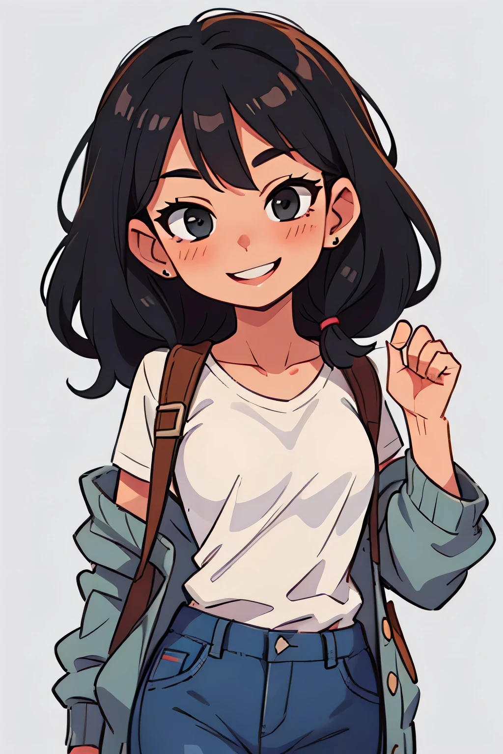 Amazing portrait of a sexy woman wearing her long straight luscious black hair, seductively gazing and smiling, soft lips, parted, blushing intensely, smiling, white t shirt, grey cardigan, baggy jeans, medium chest, perfect body