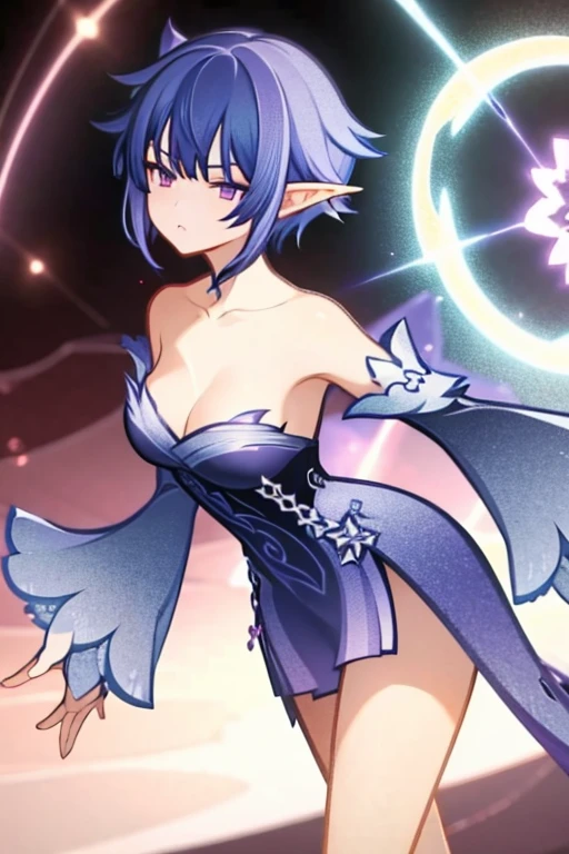 Short purple hair emo girl with purple eyes and elf ears short hair dressed as haughty and attractive sorceress floating on water surrounded by electricity attractive fighting warrior genshin impact