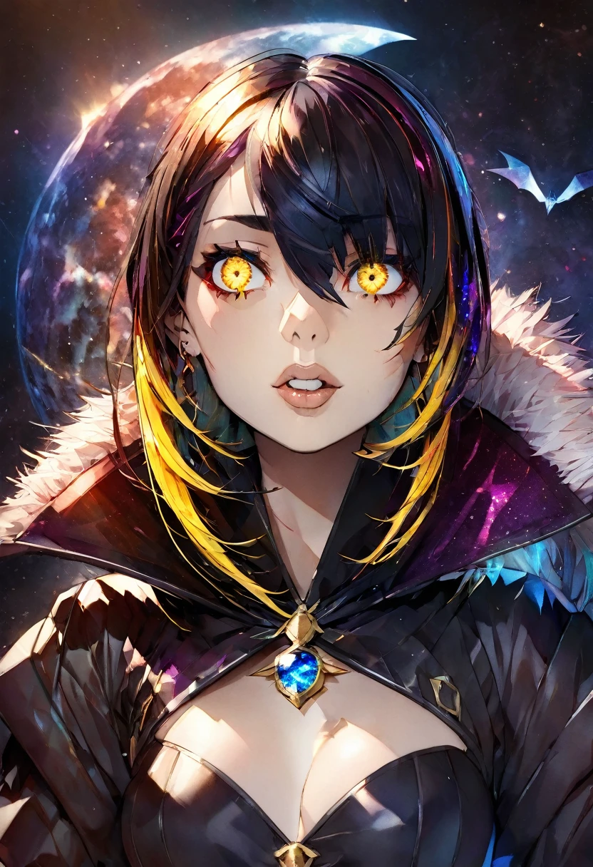 only face portrait, macro, a vampire girl next to a black bat portrait, jaw open roaring, red skin with light and glitter, short fire hair with red skulls on hair, snake lightening eyes with one eye closed, cosmos eyes, next to a black spider, highly detailed fur (vectorized) yellow lightening eyes, detailed skin, image is compelling with dynamic composition and dark posing. Include many fantasy details such as bumps, phantasmal iridescence, glitter, galaxy, cosmos, fire, ((dark celestial , void cosmic body)), (((dark background))), (((lights off))), (((hollywood dark))), horror, dramatic shadows, (in a dark fantasy space:1.3, glitter, sparkle, gleam) vector digital illustration, ()sharp