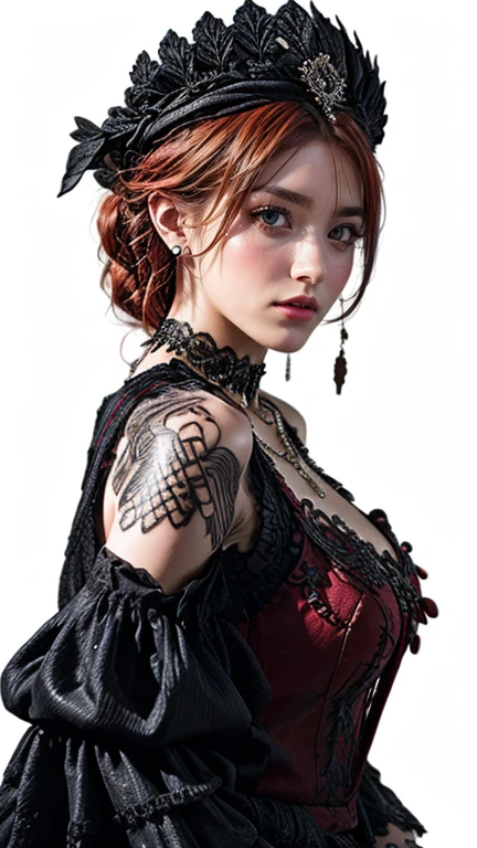 A woman with a necklace with jewels around her neck.
Captivating and hyper detailed depiction of a 38 year old woman. Her fiery red hair with an impressive braided hairstyle. Woman wearing an emerald green rococo punk Long maxi dresst hat exudes an aura of mystery and power. Her face is marked with Tattoos distinctive tribal tattoos. Each black line tells a unique story. Her many piercings are clearly visible. Frontal view of her face ((best quality)) is a masterpiece, revealing her fierce determination and indomitable spirit, like something straight out of a mythological saga. highly detailed digital image in 8k, Full Body pose, crocodile clothes, athletic body and medium sized breasts, Long Maxi rococo Punk dres