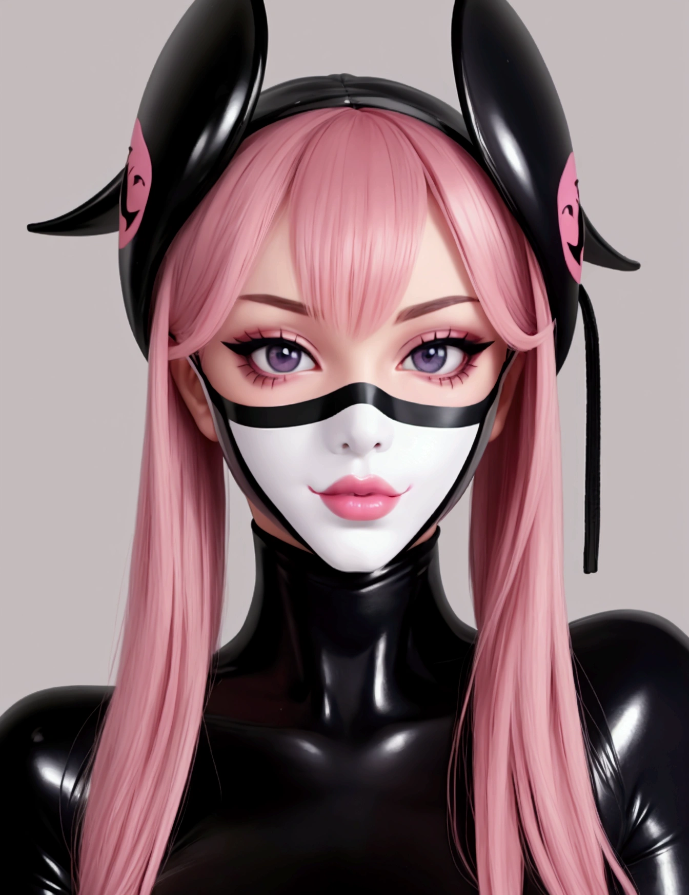 The face of a very beautiful and very thin girl、Wearing a latex face mask. Lots of details, Very realistic. good quality, 8K, pink latex lips, rubber lips, plump lips, seductive stare, latex lips apart of mask, solo