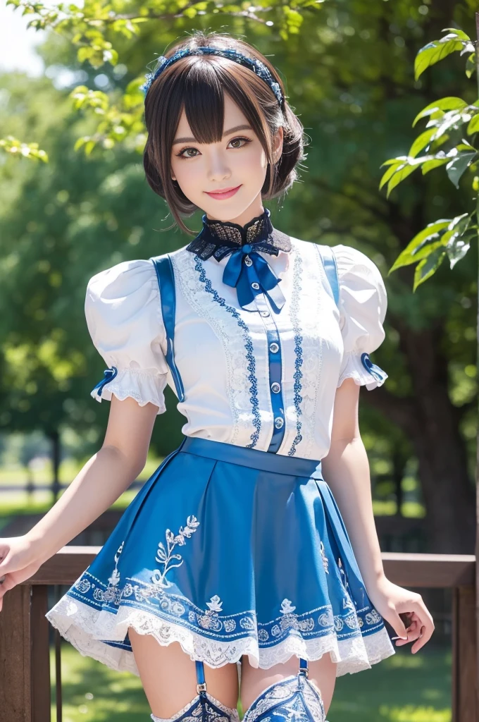 sexy stylish Swedish model, only 1 female, ((doll-like appearance)), very short stylish hair, ((shiny Aquors Love-Style boots)), (big smile), ultra detailed eyes,beautiful vivid eye makeup, lip-gloss, long lashes, defined eyebrows, ((sexy blue lines Aquors Love cosplay)), white bell-shaped skirt, petticoats, ((ultra detailed lace)), ((ultra detailed embroidery)), intricate details, Aquors Love accessoires, Aquors Love choker, cinematic light, detailed large park background with trees