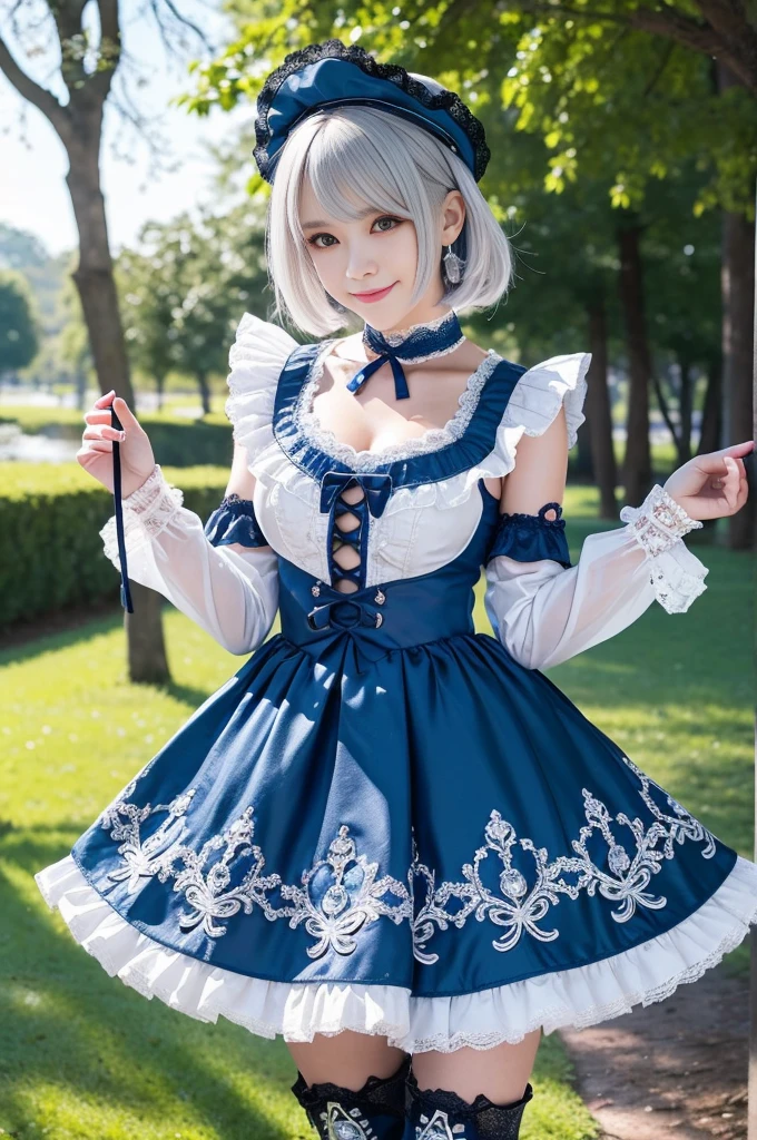 sexy stylish Swedish model, only 1 female, ((doll-like appearance)), very short stylish hair, ((shiny Aquors Love-Style boots)), (big smile), ultra detailed eyes,beautiful vivid eye makeup, lip-gloss, long lashes, defined eyebrows, ((sexy blue lines Aquors Love cosplay)), white bell-shaped skirt, petticoats, ((ultra detailed lace)), ((ultra detailed embroidery)), intricate details, Aquors Love accessoires, Aquors Love choker, cinematic light, detailed large park background with trees