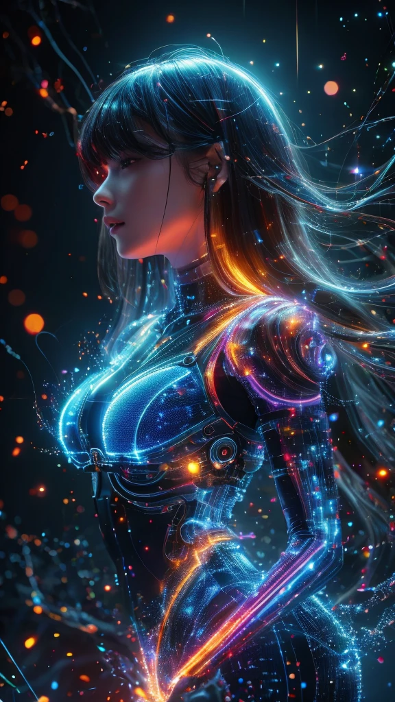 Ultra-Realistic Capture,18k,RAW Photos,Highest quality,masterpiece,reality,Very detailed,live-action,Very beautiful woman,Detailed face,Glowing Skin,Rainbow, Blue eyes, Automata,cyber punk,18-year-old ,Model body type,slim,So many LEDs,Clothes made of light particles,Rainbow Skin,Electronic devices embedded in the body,Very detailed electronic equipment, butterfly wings on her back, A bunch of glowing wires, Very long hair girl, Glittering, Black girl, Green Style, Large Breasts,Acrobatic poses,(Middle finger),neon,Long legs, Black girl, long curly brown hair , with blonde bangs on her head 