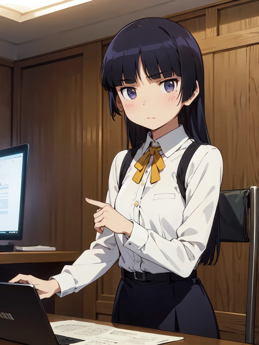 girl, solo, (ruri gokou), lawyer, Court,  pants suit, (Badge on left chest), Hime cut, court, Classical architecture, Wide々としたCourt, (With the audience watching), Lighting Effects,Dramatic shading,A fusion of natural and artificial light,A file full of documents,laptop,
Court内の音,The sound of flipping through documents,Whispered conversation, Silence and tension,Calm and analytical,女性lawyerの態度,Professional Attitude