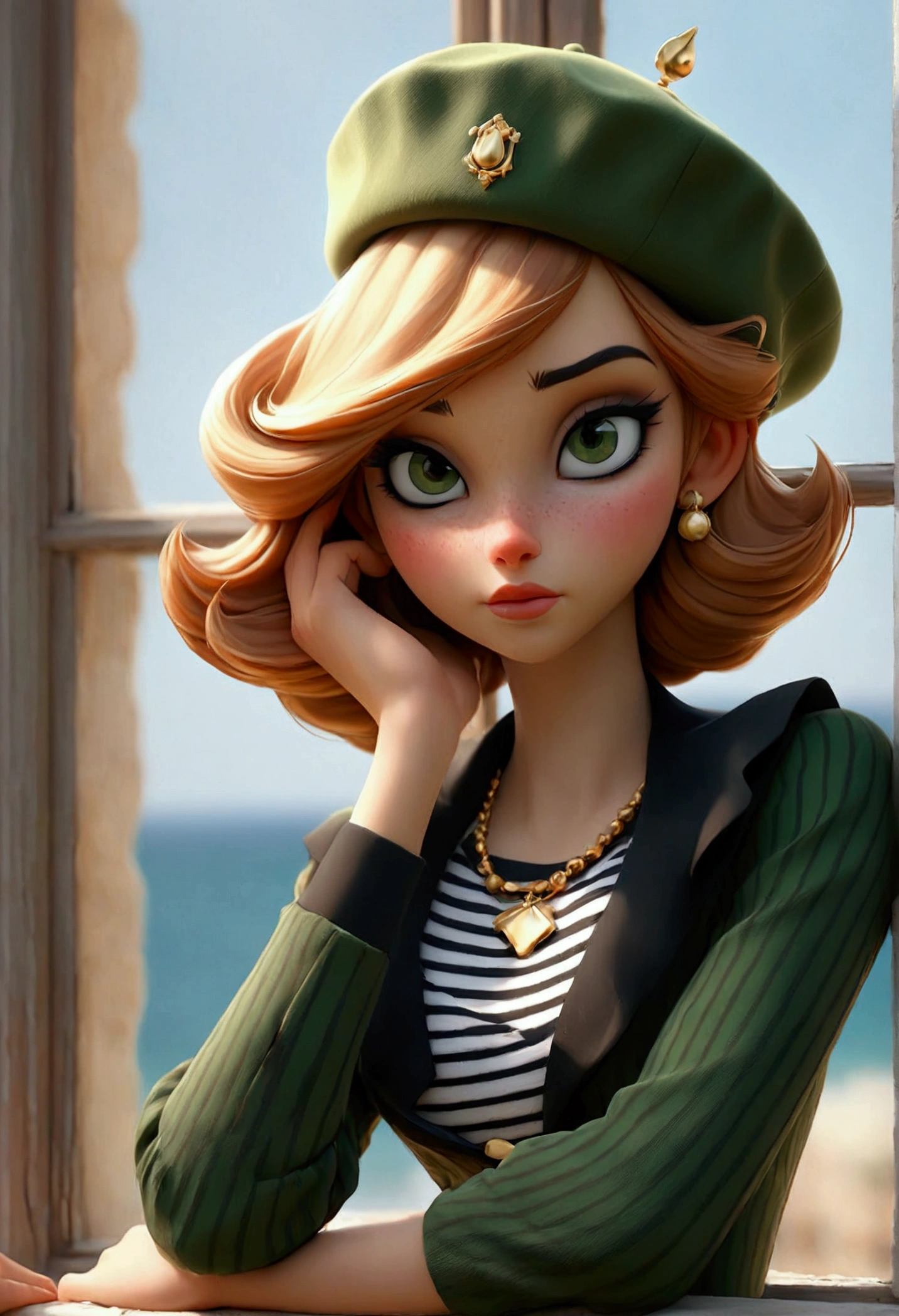 a very beautiful girl, golden necklaces, green eyes, french beret, horizontal black and white striped shirt, pierrot makeup, window overlooking the sea, (best quality,4k,8k,highres,masterpiece:1.2),ultra-detailed,(realistic,photorealistic,photo-realistic:1.37),intricate details,exquisite,elegant,cinematic lighting,warm color tones,award winning,digital painting