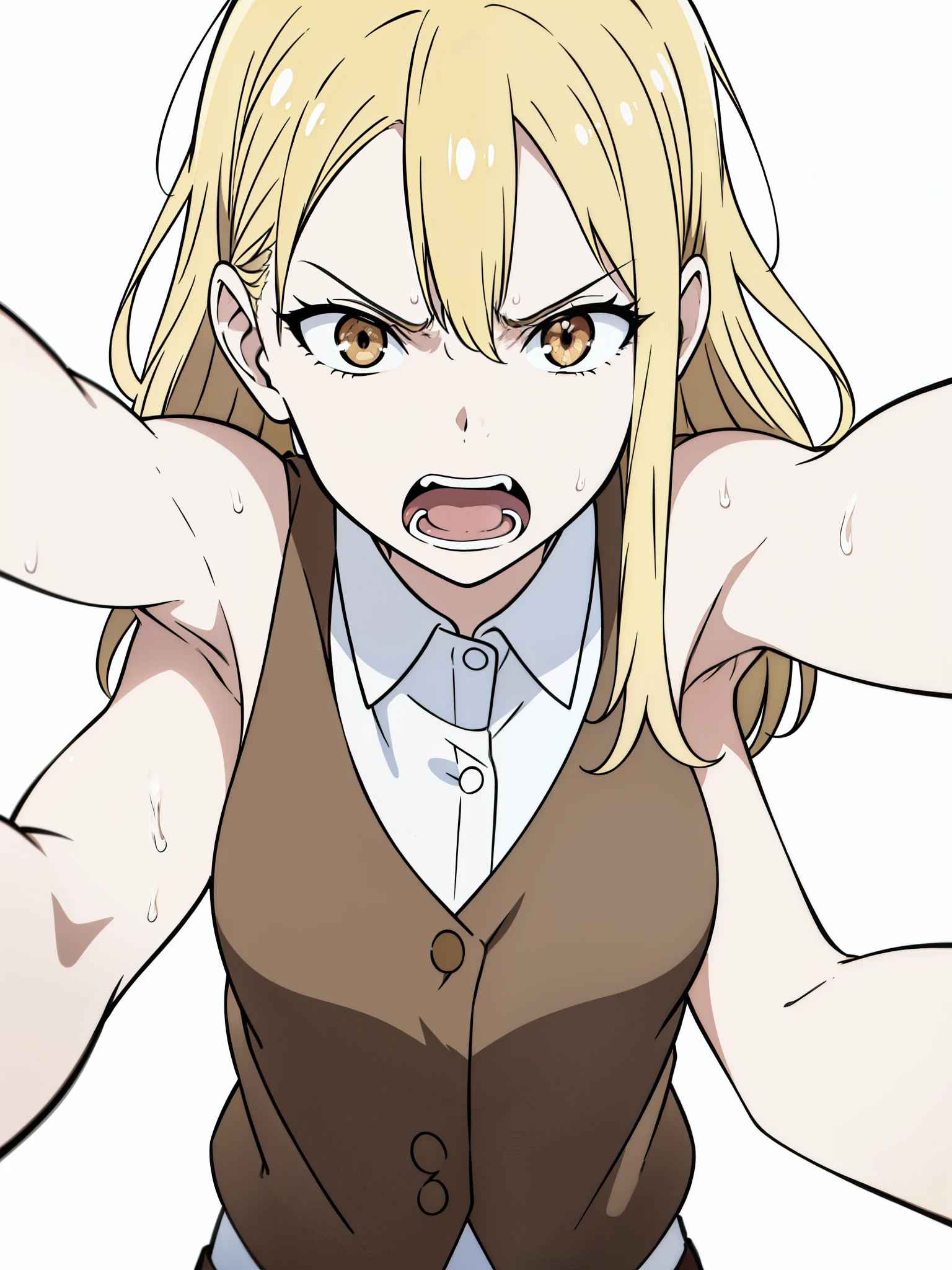 (1girl,20 years old,mature female,solo),blonde hair,extra long hair,brown vest, sleeveless, bare shoulders,((white background)),looking at view,(angry),open mouth,wet,(looking at viewer:1.2),Kabedon pov,upper body