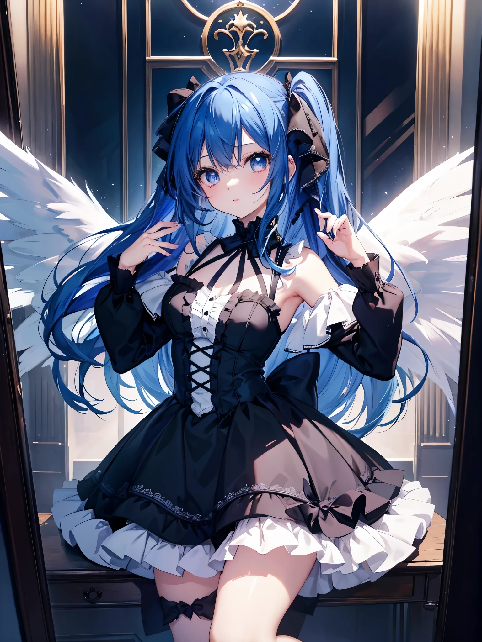 Wendy Marvell with angel wing gothic blue hair black dress lolita fasion beautyful lips full body