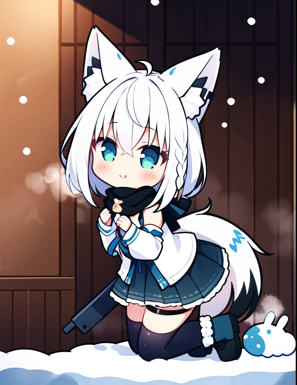 1 Girl, Solitary, whole body, Simple background, White hair, Single side braiding, Ahog, Fox Tail, Snow blowing default, White shirt, [diaphragm::10], Separate sleeves, Black skirt, Blue scarf, Thigh straps, One knee high