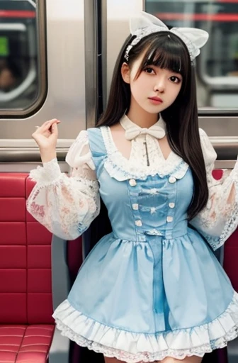 A 25-year-old Japanese woman with a voluptuous figure wearing sweet Lolita fashion in light blue. She has large, almond-shaped eyes with an intense gaze and a beauty mark (tear mole) under her left eye. Her hairstyle features straight, thick bangs cut across her forehead. She is in a crowded train, with the intricate details of her outfit highlighted, including the frills, bows, and lace typical of sweet Lolita fashion. The overall atmosphere is a contrast between the elegance of her attire and the bustling environment of the train