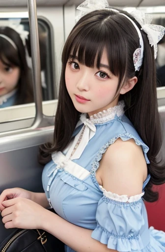 A 25-year-old Japanese woman with a voluptuous figure wearing sweet Lolita fashion in light blue. She has large, almond-shaped eyes with an intense gaze and a beauty mark (tear mole) under her left eye. Her hairstyle features straight, thick bangs cut across her forehead. She is in a crowded train, with the intricate details of her outfit highlighted, including the frills, bows, and lace typical of sweet Lolita fashion. The overall atmosphere is a contrast between the elegance of her attire and the bustling environment of the train