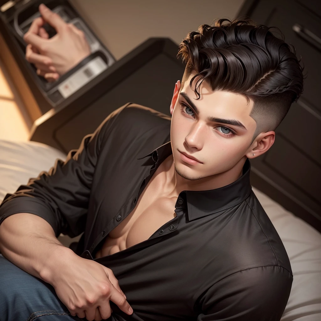 Frontal photo of a 20-year-old boy, looking at the camera, with his hair curly and shaved on the sides, wearing a long black blouse