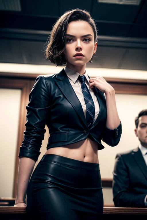 (Sexy),Female Lawyer, Daisy Ridley, wearing sexy Lawyer suit, midriff, court, speech, debate, detailed background, Realistic, Movie Still, best quality, masterpiece, very aesthetic, perfect composition, intricate details, ultra-detailed, Animagine