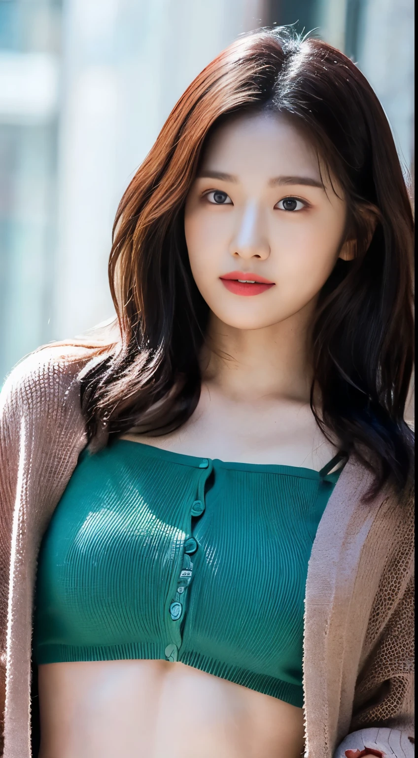 A woman with the same face as last time，Slender Abs、Loose wavy styling、Cardigan、Beautifully expressed in every detail., Including face and skin texture.，Detailed eyes，Seducting look、full body Esbian