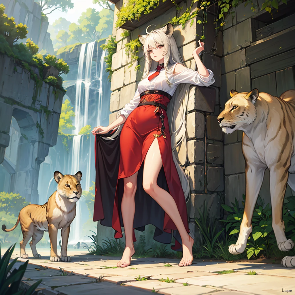 A full-length girl in a lioness and a strangag