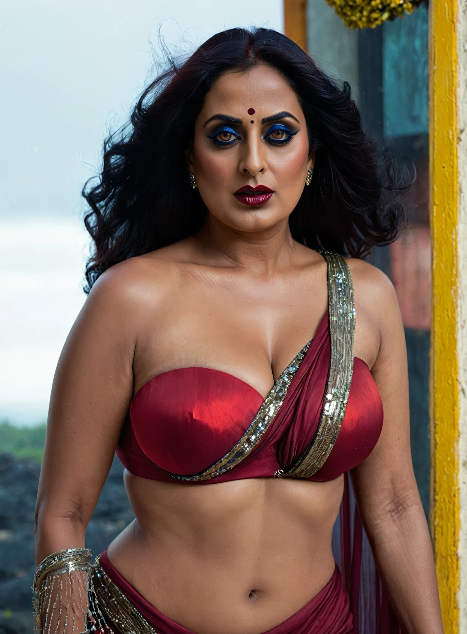 Looks like Mahie Gill, full body Closeup shot, Big chubby aunty, milf, cougar lady witch, fierce eyes, evil seductress, wide body, horny Gothic milf,  70 years old gorgeous mature lady, pervert demoness, demoness of lust, curvy, black lips, horny face, extremely gorgeous, thick figure, heavy physique, voluptuous, curvy, sexy figure, Fashionable portrait of androgynous alien looking witch wearing veil, glowing eyes, futuristic design, minimal details, givenchy, photoreal, 200mm, hd, f/ 2.0, highly detailed, surreal, sexy beautiful evil woman, sexy bold sequin Saree with strapless Bra, chudail, Pishachini, horror genre, blood-thirsty enchantress, powerful female spirit, eerie, drop dead, in the style of red and blue, (intricate details, hyperdetailed:1.15) (skin texture:1.2), dark Moody tone, cinematic lighting, haunted place in background, 