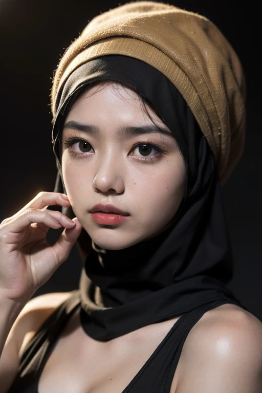 Best quality, masterpiece, super high resolution, hijab, glow skin, sad face, Indonesia 