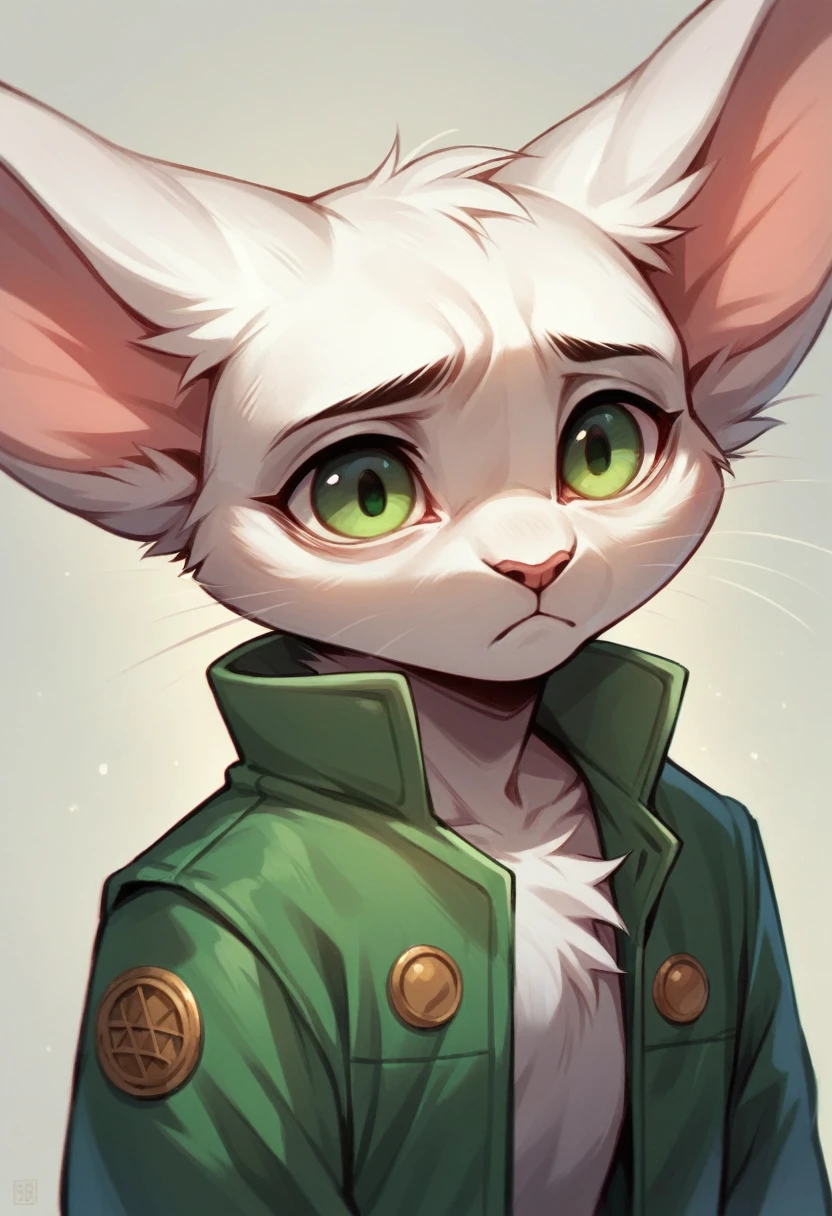 Furry, cat, white fur, green eyes, green jacket, big ears, Middle Ages , looks sad