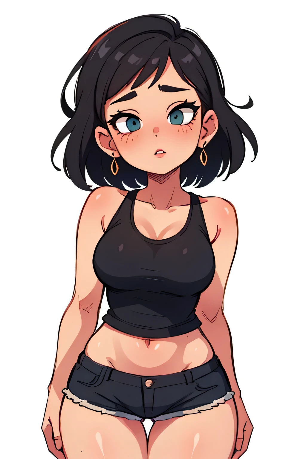 Close up shot of a sultry, stunning woman with a captivating gaze and flawless makeup, childhood best friend glowing up, accentuated by her black tank top and black short shorts, showcasing her alluring figure with thick thighs and wide hips, exuding a provocative aura.