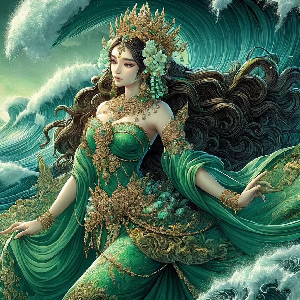 A stunning illustration of Nyai Roro Kidul in her emerald-green gown adorned with gold, her long hair flowing as she stands majestically amidst the waves.