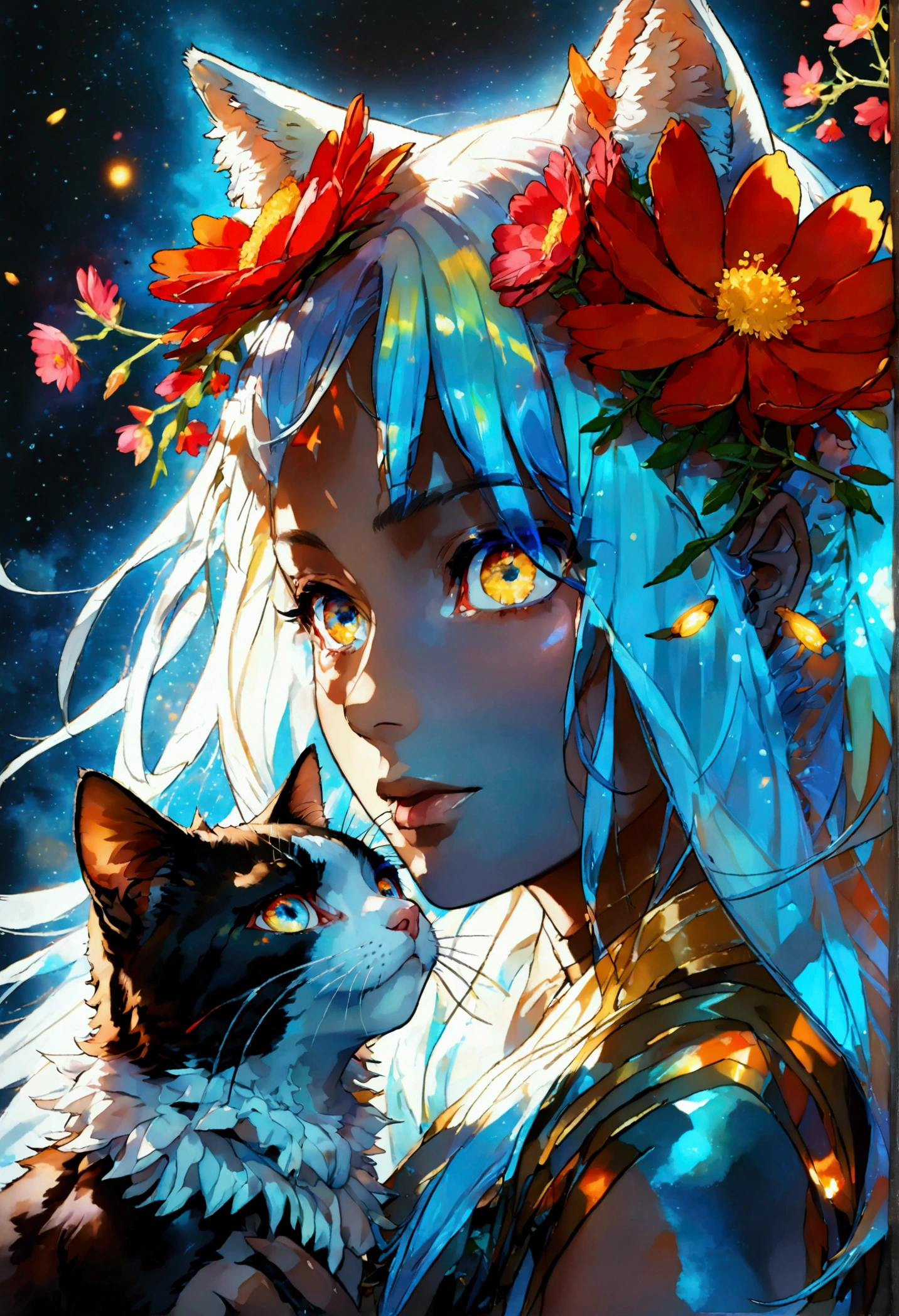 portrait, single face portrait, macro, a portrait of hinata in battle, beautiful white skin with shines and Brilliantine, long long hair with red flowers in her hair, bright and clarifying eyes, cosmos eyes, next to a cat, highly detailed fur (vectorized) light yellow eyes, detailed skin, The image is convincing with dynamic composition and energetic pose.. Includes many fantasy details such as bumps., ghostly iridescence, Brilliantine, Galaxy, cosmos, ((dark blue skin body, empty cosmic body)), (((dark background))), (((lights off))), (((dark hollywood))), horror, dramatic shadows, (in a dark fantasy space:1.3, Brilliantine, shine, flash) Vector digital illustration, (Black background:1.5)sharp