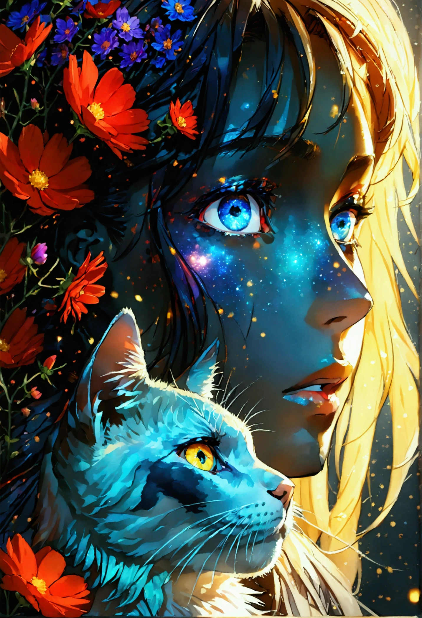 portrait, single face portrait, macro, a portrait of hinata in battle, beautiful white skin with shines and Brilliantine, long long hair with red flowers in her hair, bright and clarifying eyes, cosmos eyes, next to a cat, highly detailed fur (vectorized) light yellow eyes, detailed skin, The image is convincing with dynamic composition and energetic pose.. Includes many fantasy details such as bumps., ghostly iridescence, Brilliantine, Galaxy, cosmos, ((dark blue skin body, empty cosmic body)), (((dark background))), (((lights off))), (((dark hollywood))), horror, dramatic shadows, (in a dark fantasy space:1.3, Brilliantine, shine, flash) Vector digital illustration, (Black background:1.5)sharp