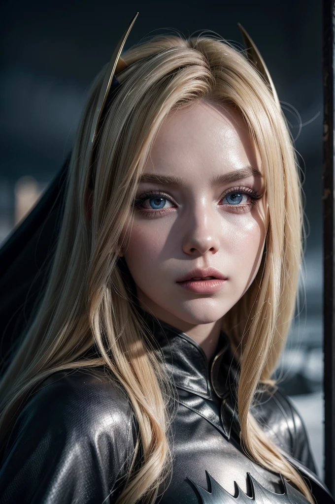 a blonde batwoman, beautiful detailed eyes, detailed face, detailed lips, long eyelashes, highly detailed costume, cape flowing in the wind, dynamic pose, dark moody atmosphere, dramatic lighting, cinematic composition, photorealistic, 8k, highres, masterpiece, hyper detailed, vivid colors, dramatic lighting