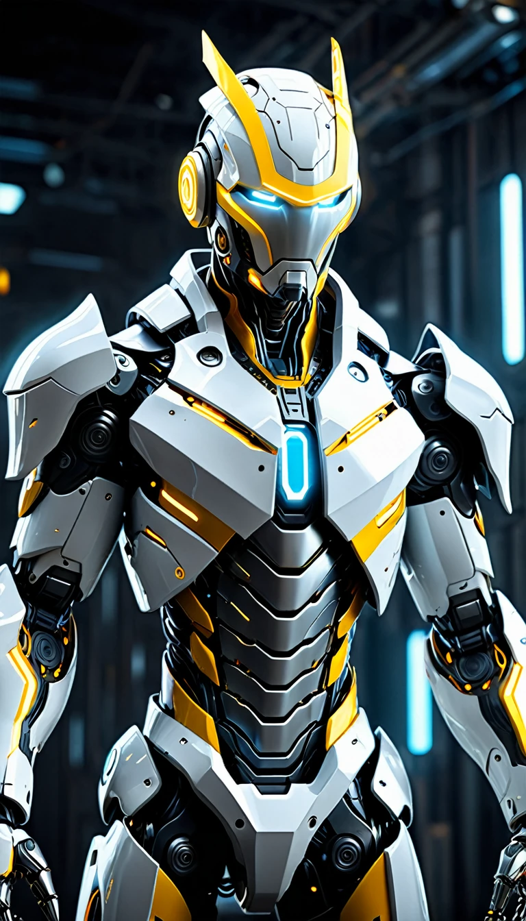 Create a full-body, advanced AI warrior avatar with a futuristic, high-tech appearance. The character should exude a powerful and commanding presence, blending elements of a humanoid robot and a mythical guardian. The armor should be sleek and intricate, seamlessly integrating advanced technology. The color scheme should include shades of yellow, white, and silver, with glowing accents to emphasize the character's energy and power. The character should have piercing yellow eyes and a radiant yellow aura, symbolizing its immense energy-based powers. Incorporate elements of wind and lightning into the design, making the character appear as if it’s emanating gusts of wind and electric currents. Ensure the character is visible from head to toe, standing confidently in a dramatic, high-tech environment. The backdrop should feature a "fusion" theme with elements of both wind and advanced technology, suggesting a sense of swift danger and protection, with swirling winds and electrical currents merging seamlessly.