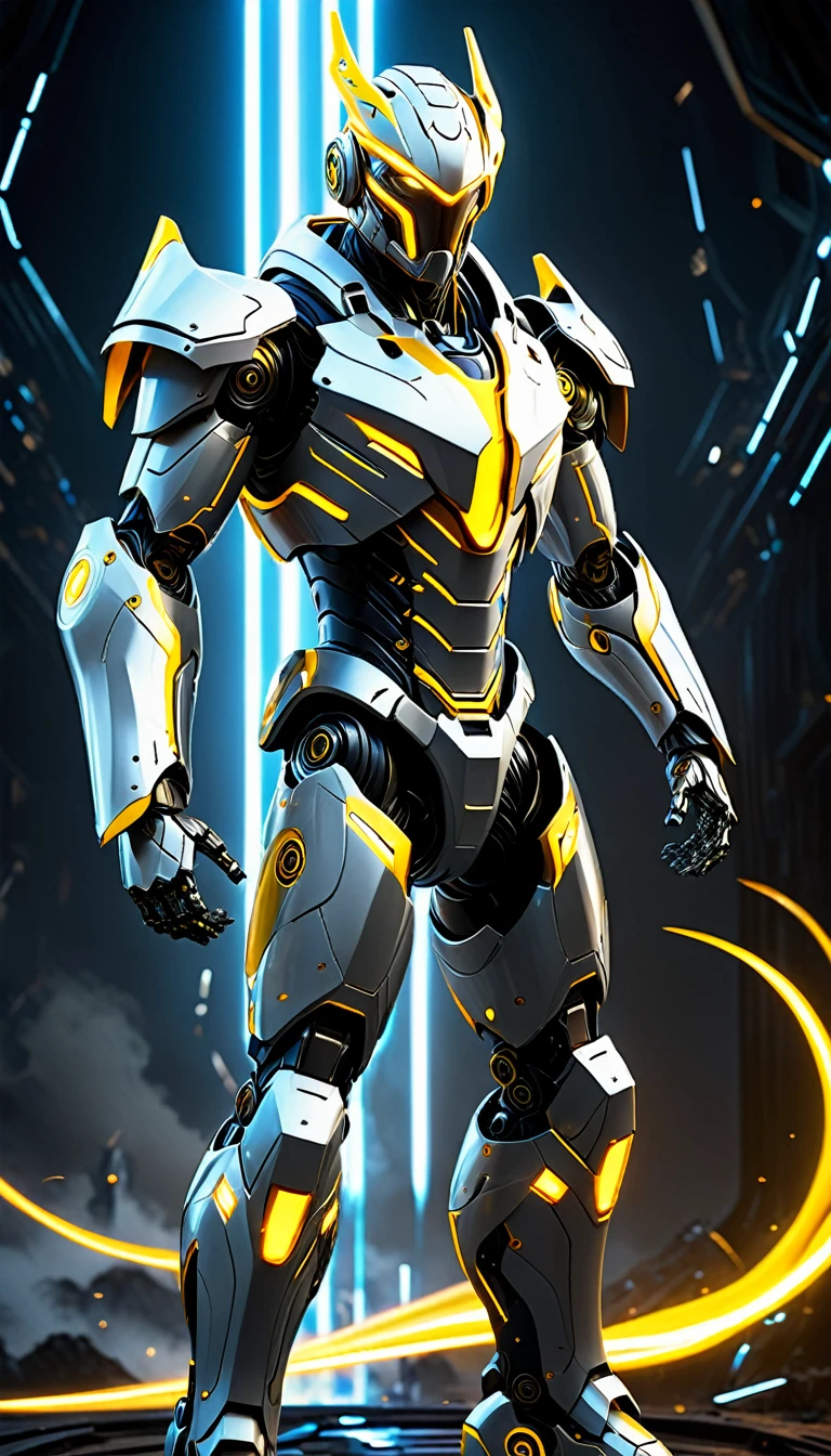 Create a full-body, advanced AI warrior avatar with a futuristic, high-tech appearance. The character should exude a powerful and commanding presence, blending elements of a humanoid robot and a mythical guardian. The armor should be sleek and intricate, seamlessly integrating advanced technology. The color scheme should include shades of yellow, white, and silver, with glowing accents to emphasize the character's energy and power. The character should have piercing yellow eyes and a radiant yellow aura, symbolizing its immense energy-based powers. Incorporate elements of wind and lightning into the design, making the character appear as if it’s emanating gusts of wind and electric currents. Ensure the character is visible from head to toe, standing confidently in a dramatic, high-tech environment. The backdrop should feature a "fusion" theme with elements of both wind and advanced technology, suggesting a sense of swift danger and protection, with swirling winds and electrical currents merging seamlessly.