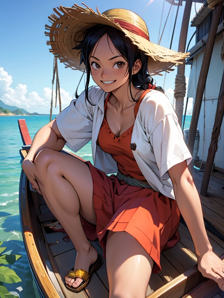 A female version of Luffy, alone, inside a boat with a happy look and an open smile