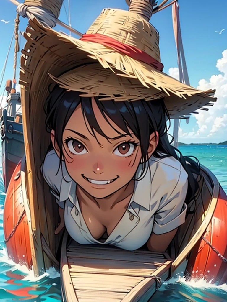 A female version of Luffy, alone, inside a boat with a happy look and an open smile