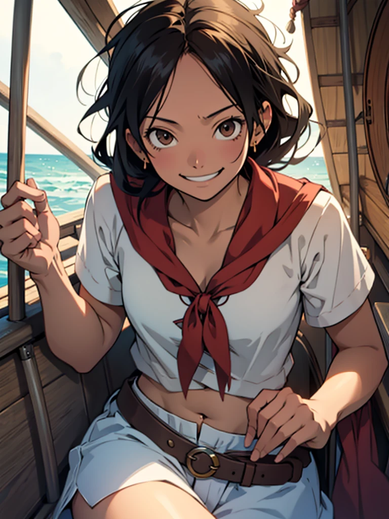 A female version of Luffy, alone, inside a boat with a happy look and an open smile