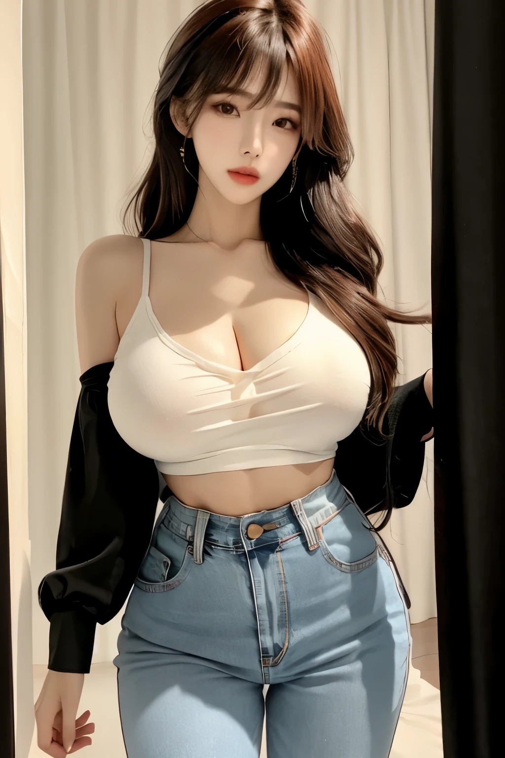 Beautiful woman,Have a perfect body:1.4,Prominent cleavage,Layered Hairstyle,Highly detailed face and skin texture,Double eyelids,Skin Whitening,Curtain Bangs,Whitening long legs,Red Hair,hips up, night, white shirt, black jean, นั่งไขว่ห้าง