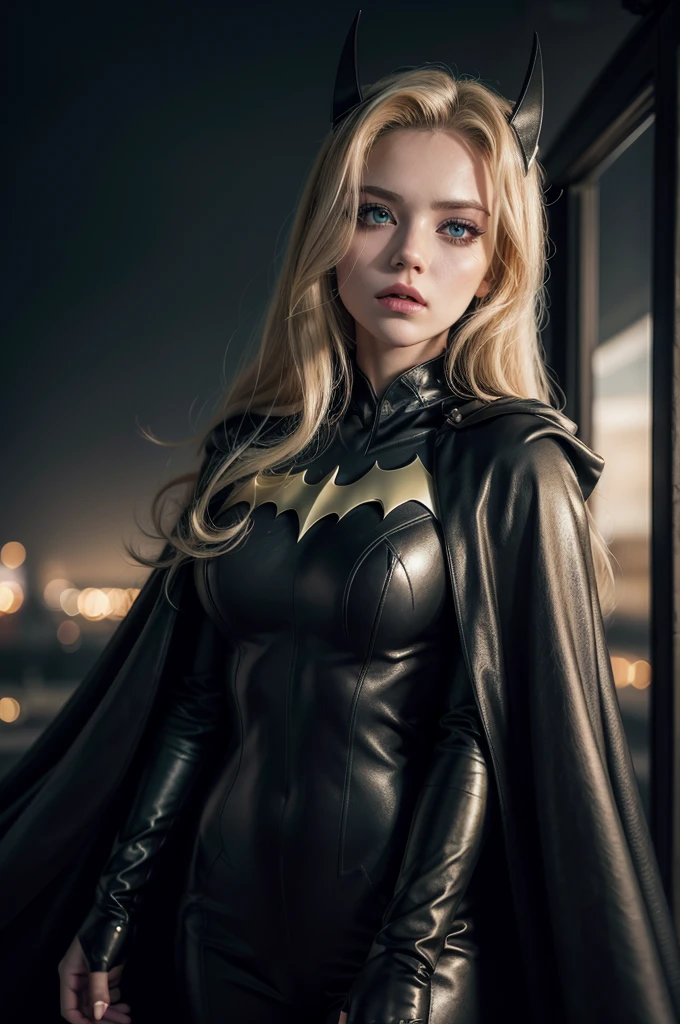 a blonde batwoman, beautiful detailed eyes, detailed face, detailed lips, long eyelashes, highly detailed costume, cape flowing in the wind, dynamic pose, dark moody atmosphere, dramatic lighting, cinematic composition, photorealistic, 8k, highres, masterpiece, hyper detailed, vivid colors, dramatic lighting, full body