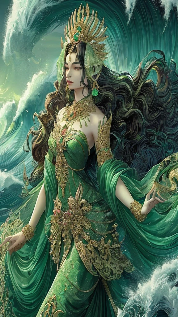 A stunning illustration of Nyai Roro Kidul in her emerald-green gown adorned with gold, her long hair flowing as she stands majestically amidst the waves.