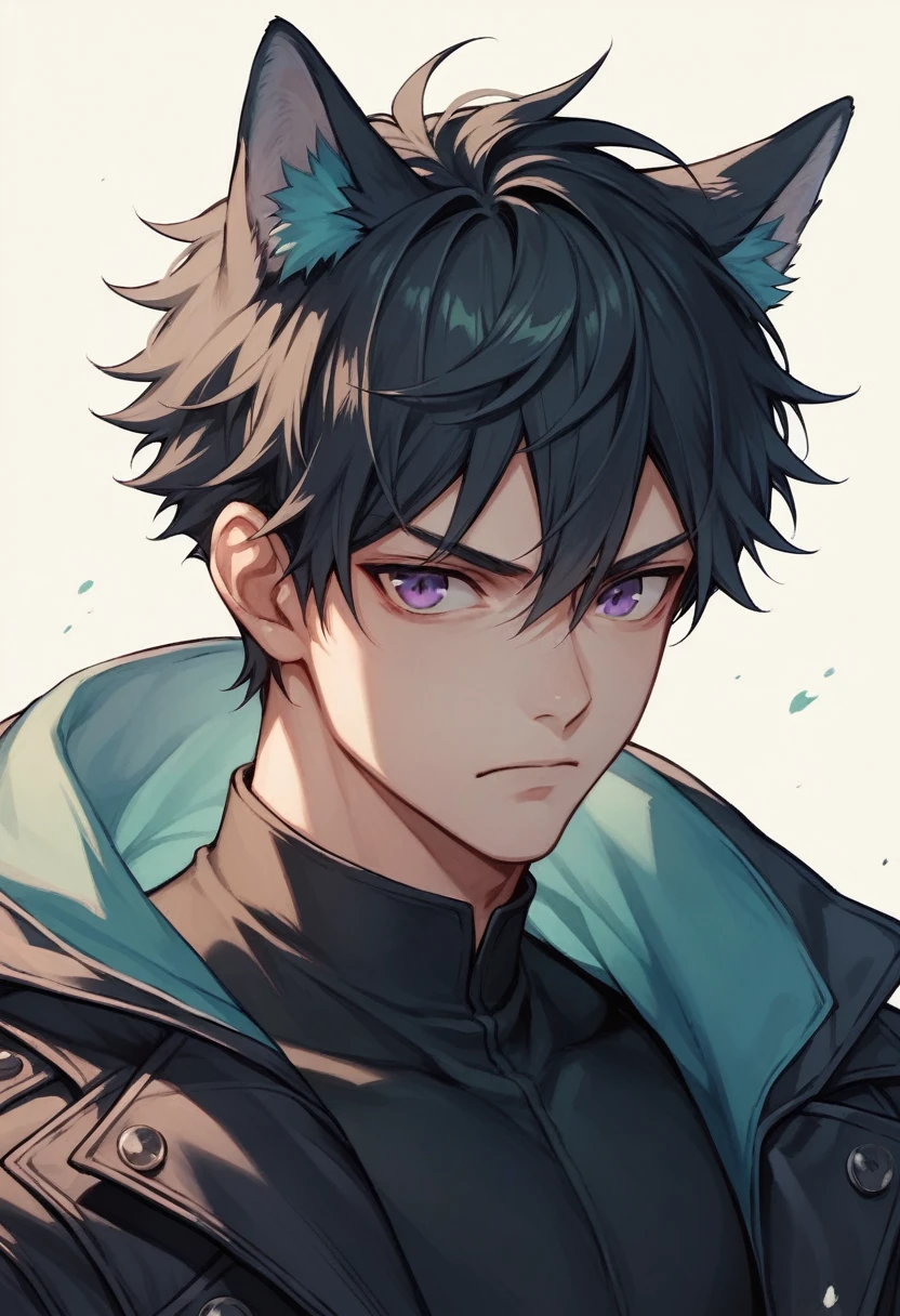 (anime type drawing) a black haired boy with some turquoise locks, purple eyes, pale and wolf ears, He has a serious expression and striking dark clothing