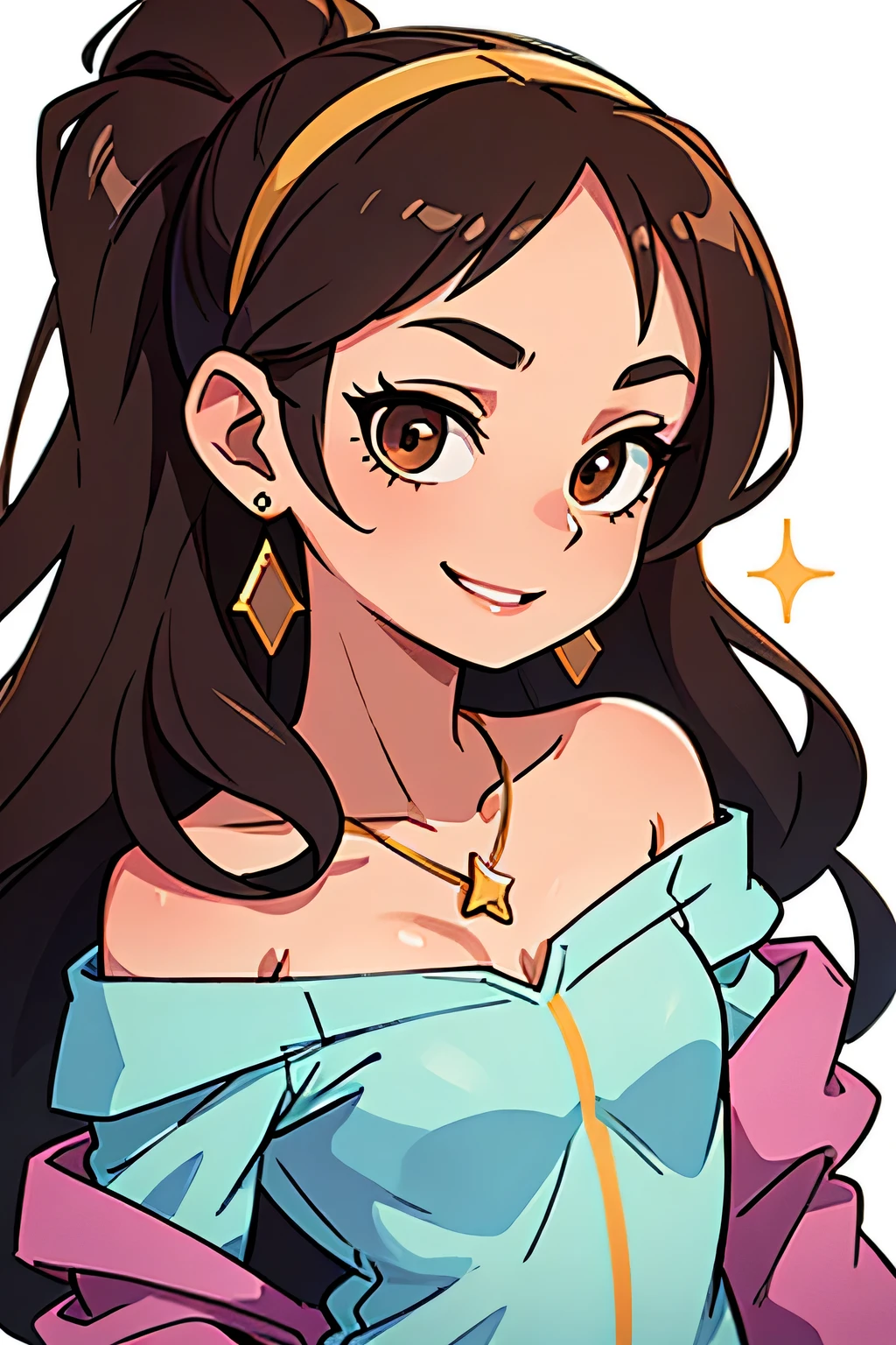 Amazing portrait of the upper body of a young woman who is 20 years old with a beautiful and highly detailed face and skin texture with fine brown eyes with double eyelid and thin eyebrows and glitter eyeliner with natural cheeks and shiny skin wearing pajamas paired with a sparkly necklace and earrings with glossy lips parted in an enchanting smile with wavy sorry e hair in diagonal bangs with a head band with focus on her chest and face with this upper body shot and her pajamas are off shoulder with small breasts