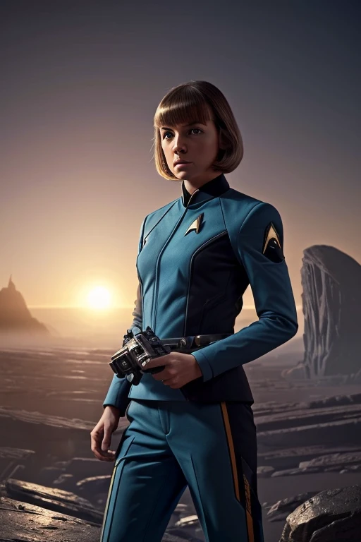 concept art, (Sadie Wilkinson wearing a Star Trek uniform, serious face, holding a tricorder, short-cropped hair), (exploring an alien planet, rocky terrain, strange flora, twin suns setting on the horizon), (atmospheric, bold lines, highly detailed, professional, Futuristic Landscapes, trending on ArtStation), by Syd Mead and Ralph McQuarrie and John Howe