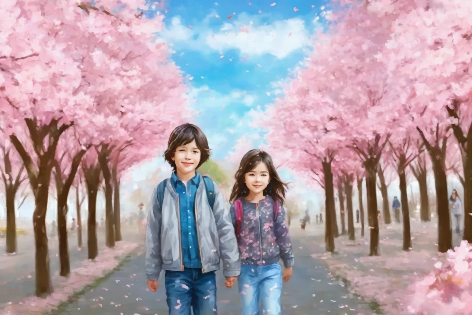 a brother and sister walking along a cherry blossom park, 1girl, 1boy, full body, masterpiece, best quality, detailed face, beautiful eyes, cute expression, detailed clothing, spring scenery, cherry blossom trees, sakura petals, warm lighting, vibrant colors, photorealistic
