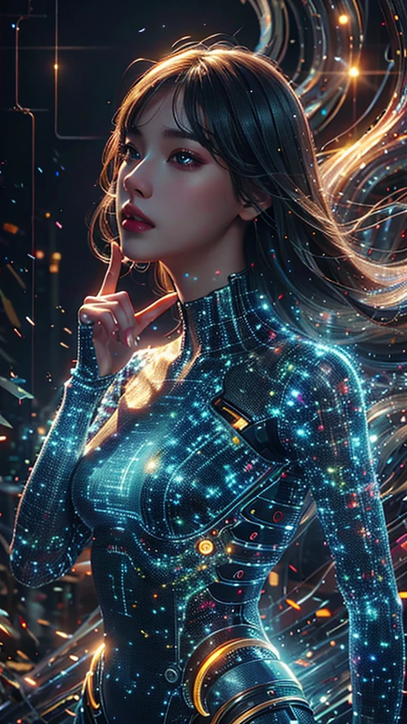 Ultra-Realistic Capture,18k,RAW Photos,Highest quality,masterpiece,reality,Very detailed,live-action,Very beautiful woman,Detailed face,Glowing Skin,Rainbow,Automata,cyber punk,18-year-old ,Model body type,slim,So many LEDs,Clothes made of light particles,Machine Body,Electronic devices embedded in the body,transparent,Very detailedな電子機器,Connection line,Rainbow colors,非常に長いneonカラーの髪,whole body,Large Breasts,Acrobatic poses,Raise the middle finger,neon,Long limbs,