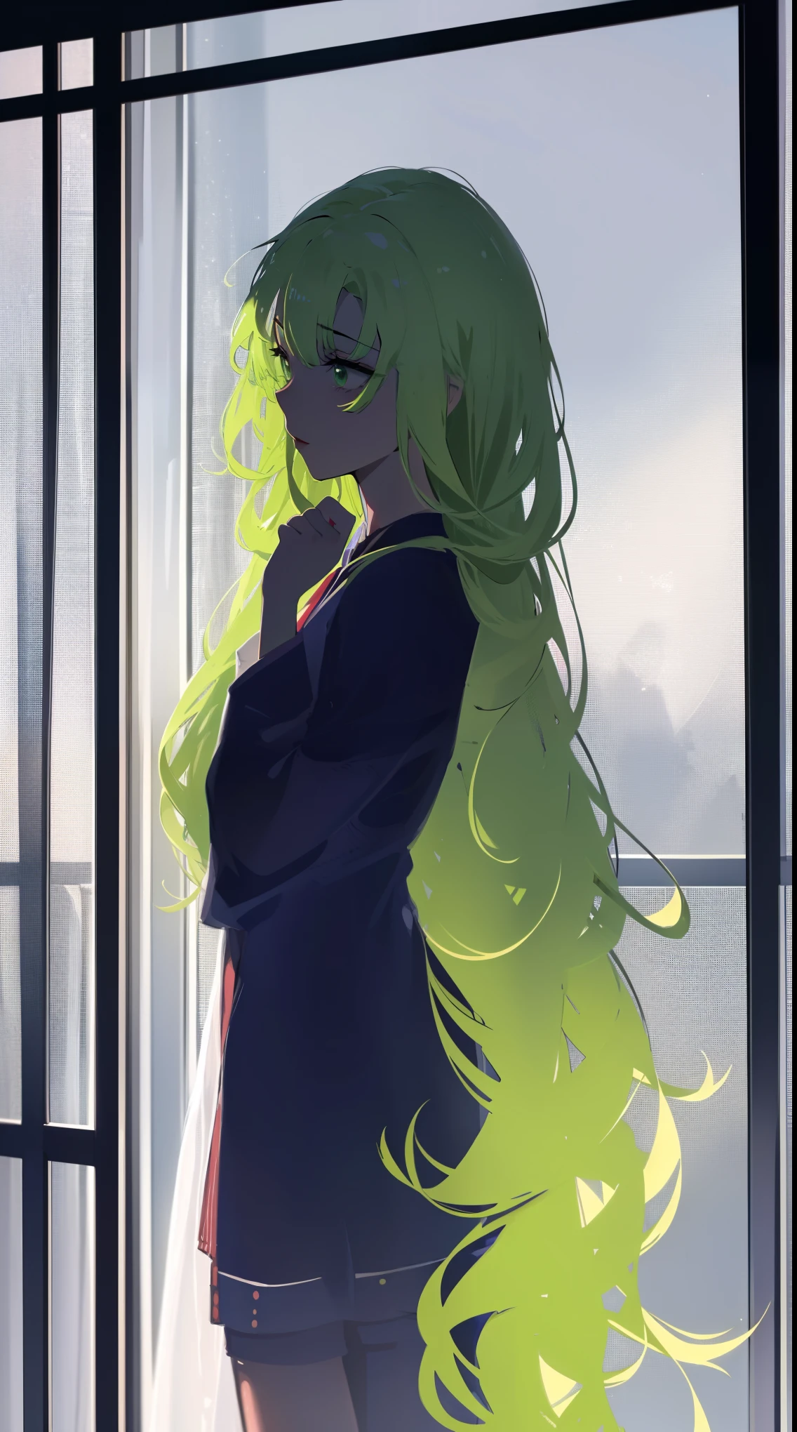 Hyper-realistic super detailed sexy Mitsuri Kanroji, NSFW, Very detailed, sexy facial expressions, Detail of seductive facial expression.: 1.4): 0.4], 16K resolution, 4k-resolution, dynamic  lighting, high-definition resolution, (pose sexy, Attractive position), (hyperrealistic: 1.4), (Backlight: 1.2), (Sun light: 1), (full height: 1.8),(contrasting background: 1.5), (Hyperrealistic arm anatomy), (hyperrealistic leg anatomy), (clean skin), (cinematic lighting: 1.7), (intimate), (NVIDIA RTX Ray Tracing Technology), (Perfect flat stomach), (color image),Create a 4K resolution, ultrarealistic, and extremely detailed artwork depicting a Mitsuri Kanroji CEO in a provocatively styled corporate office environment. Mitsuri Kanroji, the central character of the work of art., Known for her commanding presence and bold appearance. She stands in front of a large glass window of a modern office that offers a view of the cityscape..

 ((Mitsuri Kanroji (Murderer of demons))), a girl with long pinkish green gradient hair and green eyes, green hair, ombre hair, multicolored hair, Long hair. Sha has an imposing presence. It has a provocative but professional silhouette, with a fitted business suit that subtly highlights your figure. Her bold makeup, with striking red lips and a look that demands attention.

She dressed provocatively,  A bold fashion statement. bright colored leotard, a touch of glamor to your overall appearance. shy and weak smile