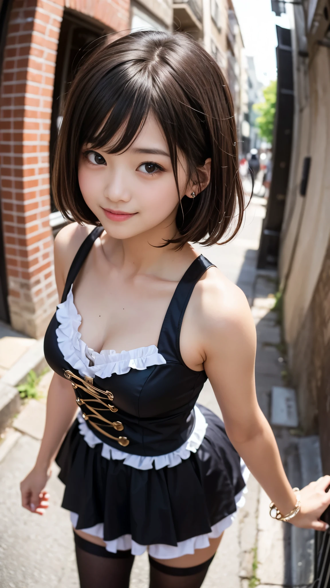 (((A single photo:1.2))), ((A beautiful girl in a cute cosplay costume is standing in an alleyway having sex for money:1.4)), ((性欲の強いhigh school girl:1.4)), (Short Hair), (8k, RAW Photos, Highest quality, masterpiece:1.2), Looking at the audience, Viewed from the front, Beautiful white skin, knees, Absurd face is small, Part your bangs down the middle, The forehead is visible, Glare, ((Cute and mischievous face:1.3)), Ultra-high resolution, ((I can&#39;t wear underwear)), ((Slender and erotic body line)), (Outstanding proportions), high school girl, (Idolフェイス:1.2, Baby Face:1.65), Japanese women, Are standing, (Photorealistic:1.37), Photon Mapping, Realistic, Cute and small face, Brown eyes, prospect, Written boundary depth, Blurred Background, (I can see the bangs), Silky smooth hair, (Firm stomach:1.3), (Beautiful and slim thighs:1.4), (Small beautiful butt:1.2), (Curved waist), thigh, Nogizaka idol, Idol, (Detailed hands:1.4, Accurate hands:1.4, Beautiful little hands of a girl:1.3, Beautifully crafted with attention to detail:1.3), (Firm and beautiful breasts:1.3, Fascinating Cleavage:1.2), Super quality, Low people, (Clear white skin, Skin with visible pores), (Focus on the face), Check and correct the garment construction, (Perfect Anatomy:1.4), (Detailed eyes and face:1.3, Professional photography techniques), (Detailed arms and legs:1.4), (View the viewer, blush:1.3)