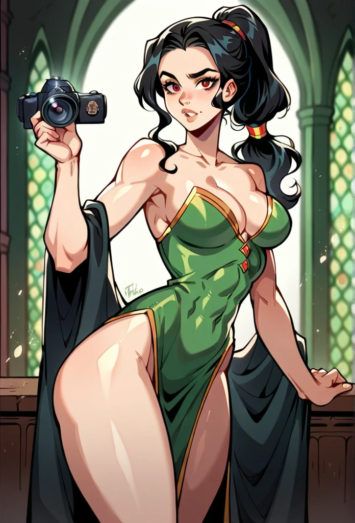 1 girl, long black hair with a ponytail (harry potter), red eyes, beautiful, light skin color , wide shoulders, thin waist, medium breasts, defined thighs, thin, defined lean , showing abs ,wide hips, medium ass, sensual looking from viewer, sensual position, grifinoria, Witch (harry potter), Casting an green spell