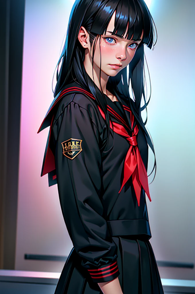 (absurdres:1.5), (photorealistic:1.5), (professional lighting:1.5), best-quality, (detailed eyes:1.5), detailed texture, detailed background, depth of field, wide view, (in the university lecture hall), BREAK, solo, (((1 boy))), 20 years old, black long straight hair wig, (blunt bangs:1.5), almond eyes, (skinny), (weak limbs), BREAK, (black clothes), (black serafuku:1.5), (black long skirt), red neckerchief, long sleeves, BREAK, sensitive facial expression, crying, melancholy, embarrassed, sad, blush, touch lips