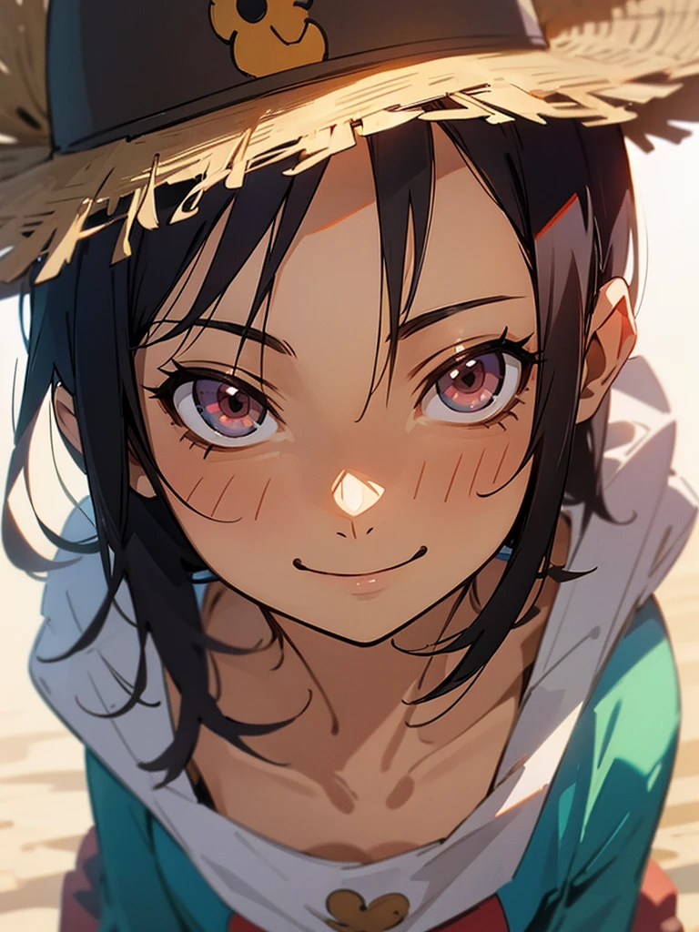 A female version of Luffy, alone and smiling.