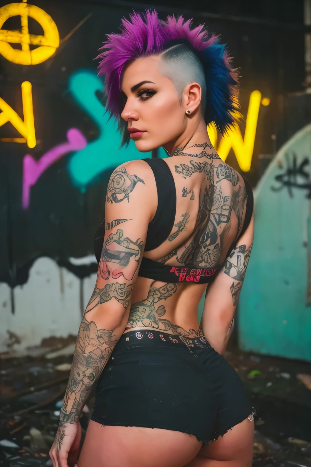 Photorealistic, ultra-detailed, ((back viewer, Nice Butt)), ((Rocker punk girl, spiky mohawk hair)) girl, hot Body, ABS, tattoo, t-shirt write "666".portrait photo, grunge, side viewer, Solo, dimly lit room, edgy urban scene with graffiti, dark and moody, late evening, city lights flashing, neon lighting The essence of rock and roll, Spike hair, 18 years old, assertive, confident expression, showcasing multiple piercings, blurry background, Crystal clear eyes gleaming with passion, analogue style, grunge texture, Best contrast, industrial, Instagram LUT, Professional, 4k, electrifying gaze, shot on Nikon, 50mm, shallow depth of field,  ((Abandoned Graffiti Wall Background, cinematic lighting )).