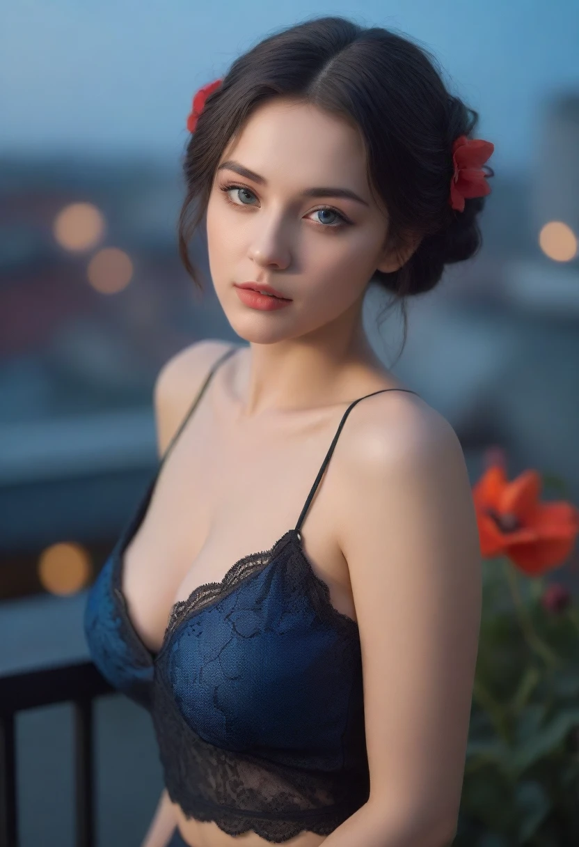 A captivating portrait photograph of a voluptuous, european woman with dark hair in a loose updo cascading down her shoulders framing her face, with an alluring expression, with soft blue eyes. Standing on a balcony overlooking a cyberpunk in the Summer evening, surrounded by poppyflowers, and butterflies , Wearing a low-cut, black lace crop top accentuating her light skin, she gazes alluring at the camera, portrait photography, vibrant, photo