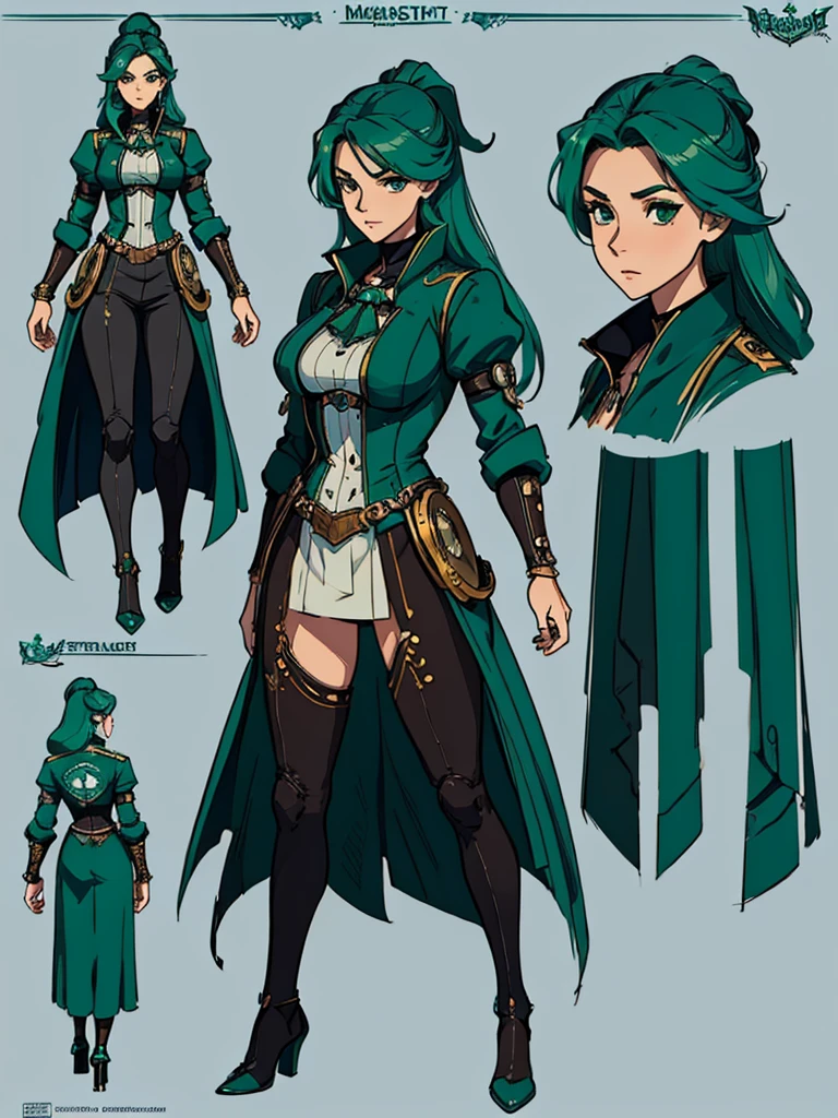 (masterpiece, best quality, character design plug, character reference sheet, concept art, same character, detailed face, super detailed, advanced details, highest quality, high resolution, 8K) full body female wearing a emerald green futuristic capitain navigator pirate steampunk clothes, ocean theme, long hair, light grey background color